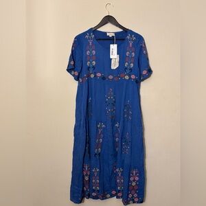 Orange Creek Dress Women M Blue Floral Embroidered Cross Stitch Tiered Prairie